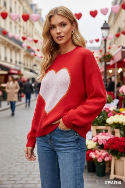 图1为衣服正面，图2为衣服背面，生成到图3的模特身上，高保真还原:极其精确地保留模特发型脸型皮肤和身上的饰品。输出图片不打光感。搭配一条时尚牛仔长裤。背景为一组国外户外加情人节元素的场景图。生成不同5预览效果