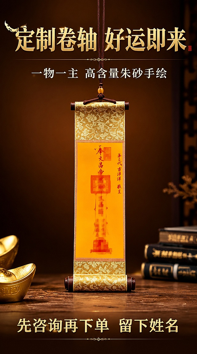 「图片1」「图片1」「图片1」参考图片生成详情页，商品名称为定制朱砂手绘卷轴，适配   拼多多平台，详情单图比例为9:16 ，图片宽度1500像素，需求屏数为4张。主图比例1:1，图片宽度1500像素。需要屏数4张，主图3张卖点介绍，1张白底图，要求符合平台规则，如果不符合规则的位置，可以使用马赛克盖住