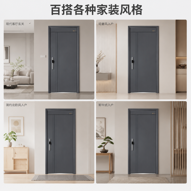 [主图-4] 防盗门多场景适配展示。保持这款深灰色防盗门的外观（物理结构、材质质感、颜色）与输入产品图绝对一致，杜绝任何变形和色差，精细化处理。[氛围风格]简约真实生活化；[画质]商业摄影质感、光线柔预览效果