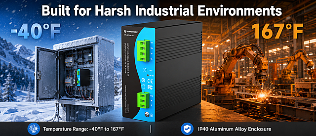 Create an Amazon Advanced A+ web detail page for Industrial DIN Rail Power Supply. Use this image as product source. Big title at top: 'Built for Harsh Industrial Environments'. Split the main area into two side-by-side comparison sections. Left side: cold environment, outdoor control cabinet, text: '-40°F'. Right side: hot environment, factory workshop, text: '167°F'. At bottom, add text labels: 'Temperature Range: -40°F to 167°F', 'IP40 Aluminum Alloy Enclosure'. Keep product structure/color/texture consistent with original image, place product prominently in center overlapping both sides.

Style: professional industrial comparison, realistic environment, commercial photography, clear contrast. All English, no Chinese. Background: left with cool blue tone for cold, right with warm orange tone for hot. Lighting: even clear, highlight product reliability. Ratio 61:25, 4K resolution, clear text. Negative: distortion, wrong product structure, text confusion, Chinese, price, blurry, uneven lighting