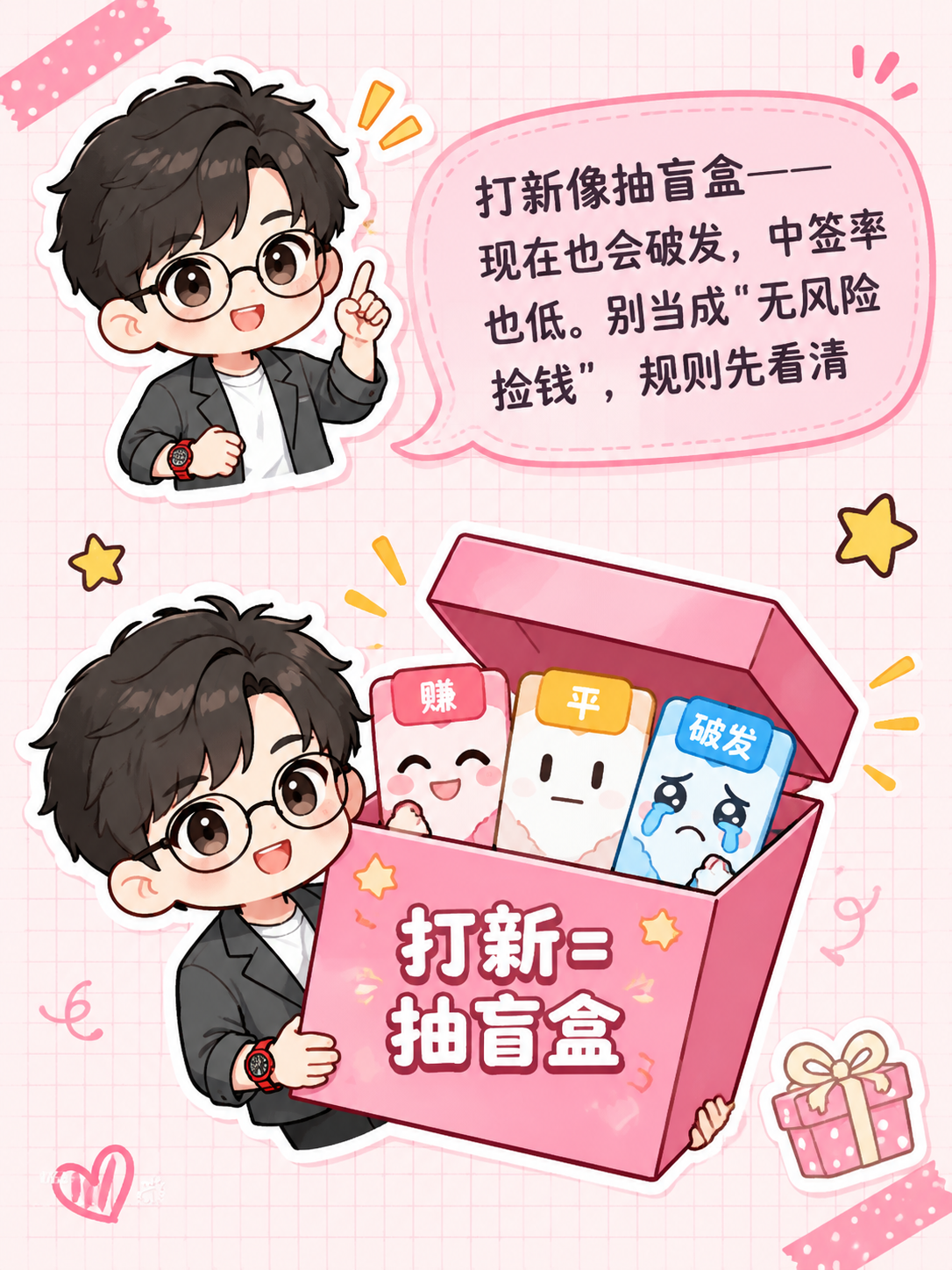 小红书笔记内页插图，P4 问题3：打新稳赚吗，手账拼贴科普风，… - 图片创意预览