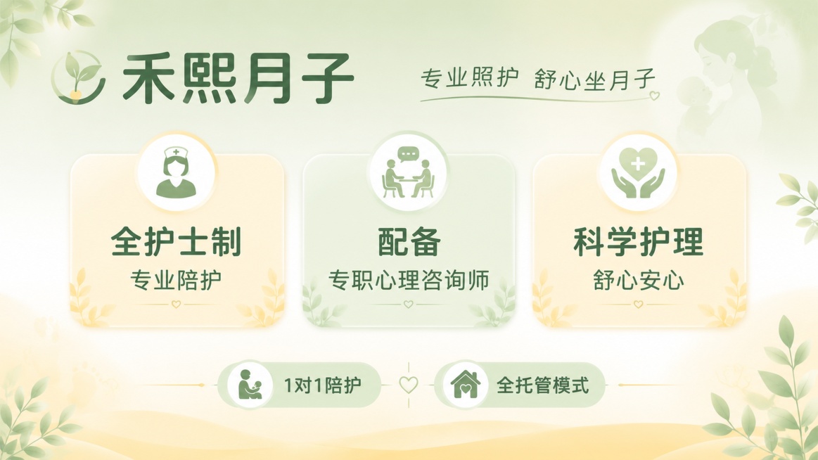 禾熙月子中心大众点评轮播海报，柔和干净母婴风，专业安心；[氛围风格] 柔和干净 安心照护 温暖家庭氛围，配色采用禾苗绿#9BBF8F搭配淡奶油黄#FCE5B4；[画质] 超高清商业设计质感，色彩柔和协预览效果