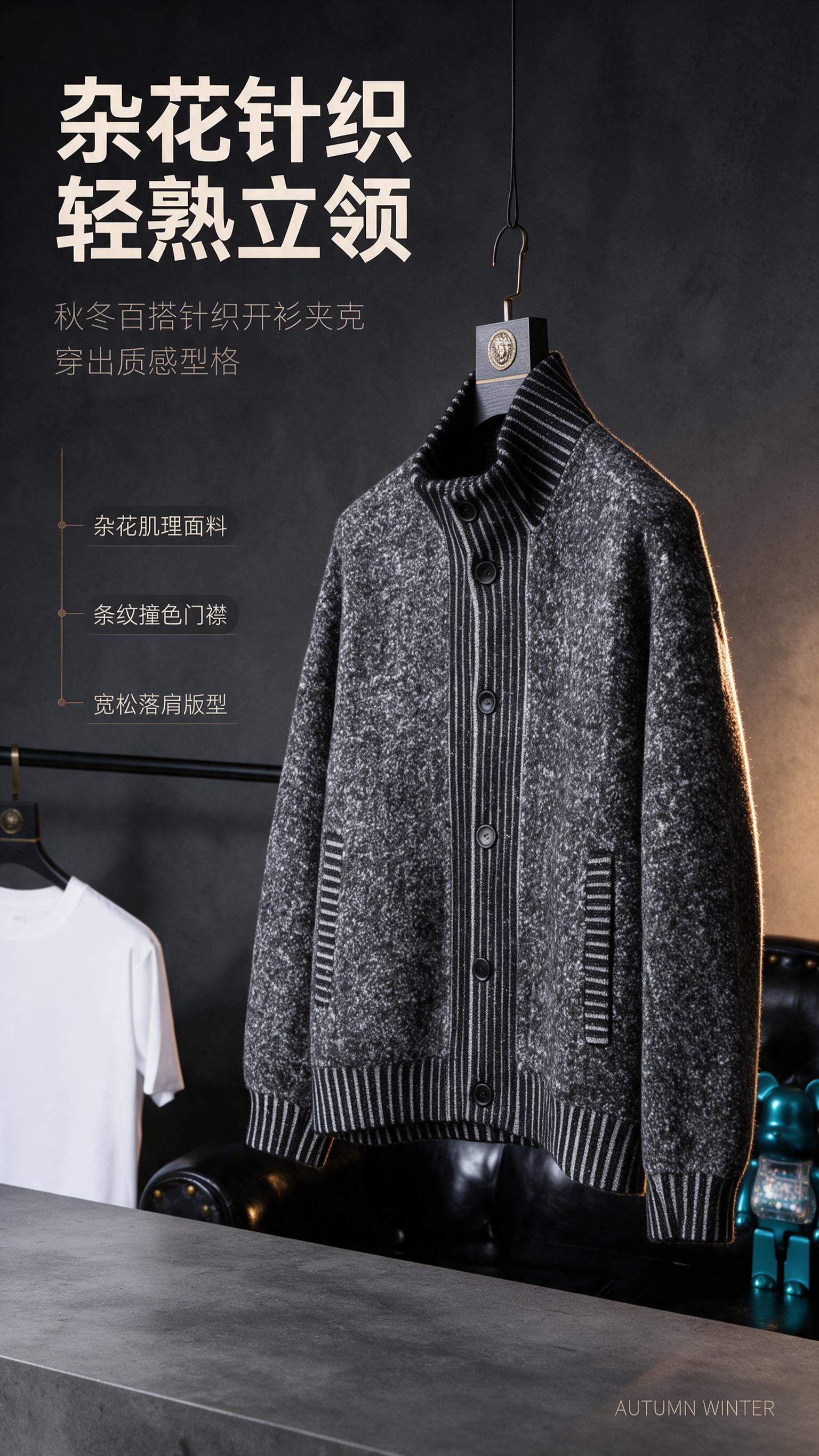 [商品] 使用【图1】杂灰色立领针织开衫夹克；商品处理：保留立… - 图片创意预览