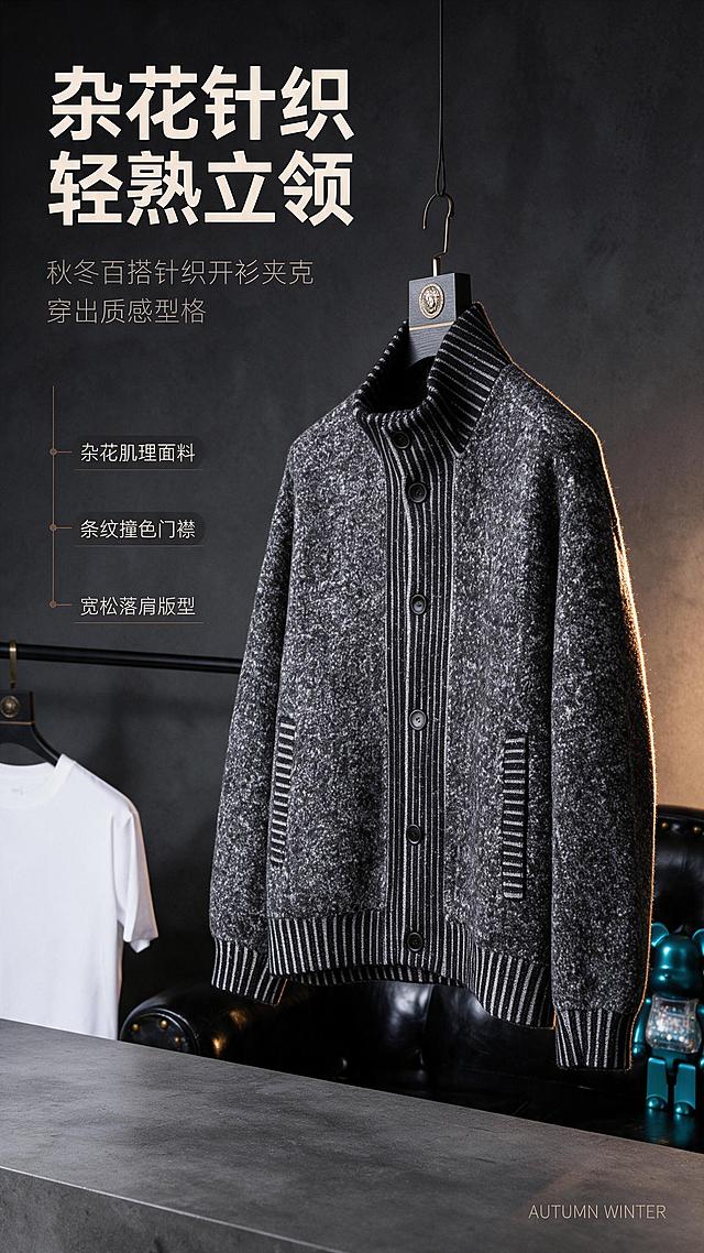 [商品] 使用【图1】杂灰色立领针织开衫夹克；商品处理：保留立领、单排黑纽扣、竖条纹撞色门襟、杂花针织面料、双侧口袋、落肩袖、罗纹下摆袖口、整体版型和颜色；自然去除衣架悬挂造成的轻微褶皱，理顺衣身垂坠，增强针织肌理纹理、纽扣质感和缝线清晰度，不改变版型结构和颜色。
[画面] 目标：风格头图海报，营造秋冬轻熟男装高级氛围。构图：左文右图竖版排版，右侧服装占画面60%，左侧留白放文案。主体：夹克正面自然悬挂或立体展示，角度微侧，突出立领和门襟条纹设计。前中后景：前景深灰质感台面，中景服装主体，后景深灰渐变背景+暖光轮廓。场景：高级男装影棚氛围，搭配皮质沙发局部、简约衣架等轻道具烘托质感。
[视觉] 套系策略：风格=高级轻熟男装商业摄影风，杂志感排版；标题字=现代无衬线粗体，字重加粗；正文字=简洁无衬线体；主色=深炭灰+杂花灰；背景延展=基于深灰做深浅层级渐变、细腻织物/水泥质感；强调色=暖棕金，仅用于小面积图标、引线、标签和局部光效；标题色=米白色；正文色=浅暖灰；组件=细线引线、圆角深色信息卡、细横线装饰；光影=左前侧暖柔光+右侧轮廓光，明暗有层次。
[文字] 主标题：「杂花针织 轻熟立领」；副标题：秋冬百搭针织开衫夹克 穿出质感型格；3个短卖点：杂花肌理面料、条纹撞色门襟、宽松落肩版型；文字位于左侧上半部分，横向排版，层级分明，不遮挡服装主体。右下角小号英文装饰："AUTUMN WINTER"。
[规格] 图片比例9:16竖版，分辨率2K，避免变形、错字、文字过小、颜色改变、版型失真、白底、极限词。