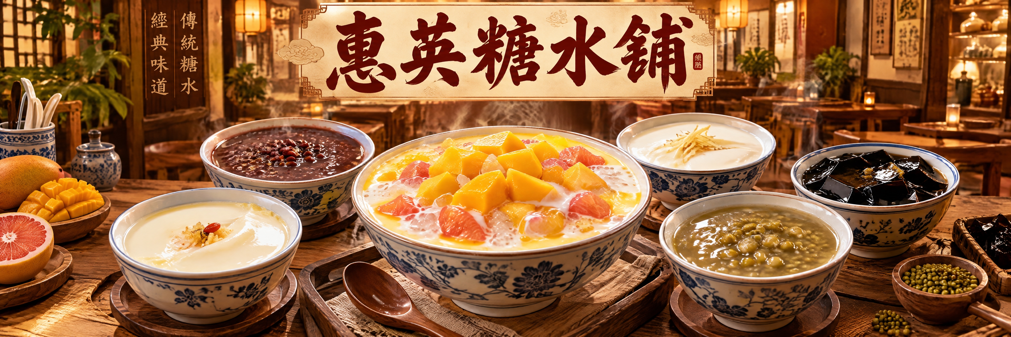 惠英糖水铺宣传海报设计，横版长条形构图。画面主体是一桌丰盛的广… - 图片创意预览