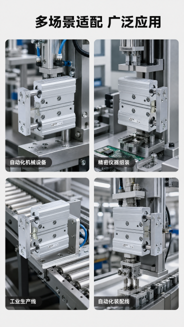 [第3屏] 多场景适配应用展示页 - SMC JMGPM系列双联气缸适用行业场景。本屏使用【图1】展示产品，搭配四宫格场景展示。[氛围/风格] 真实工业场景拼接，浅灰简约底色，专业清晰风格。[元素布局预览效果