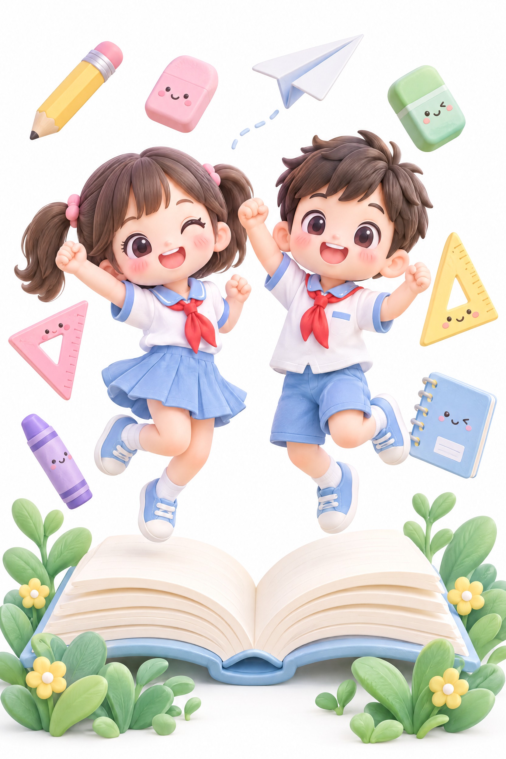 3D卡通风格，C4D渲染，可爱Q版小学生，一男一女两个孩子，穿… - 图片创意预览