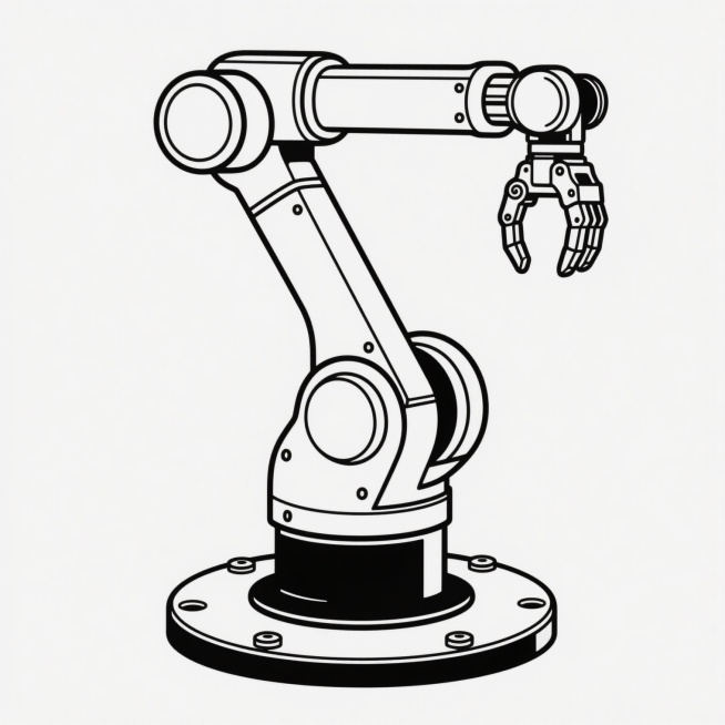 一张机械臂的黑白线条插画，线条简洁流畅，机械臂结构清晰，由底座、肩部、肘部、腕部和手部抓取装置组成，底座为圆形带有螺栓孔设计，整体呈现出工业设计的精准感和机械美感，画面干净无背景干扰，突出机械臂的主体形态。预览效果