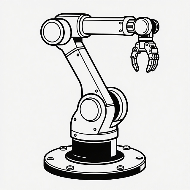 一张机械臂的黑白线条插画，线条简洁流畅，机械臂结构清晰，由底座、肩部、肘部、腕部和手部抓取装置组成，底座为圆形带有螺栓孔设计，整体呈现出工业设计的精准感和机械美感，画面干净无背景干扰，突出机械臂的主体形态。