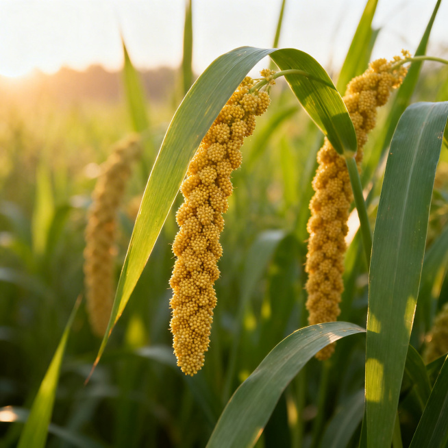 清晨阳光下的小米种植田，饱满金黄的小米穗低垂在翠绿修长的叶片间，近景特写小米颗粒的细腻质感，背景虚化的绿色禾苗形成自然景深，柔和的侧光勾勒出谷物的轮廓光，温暖的色调展现丰收的生机与自然纯粹之美，突出小预览效果
