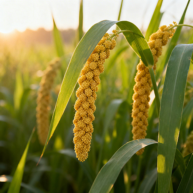 清晨阳光下的小米种植田，饱满金黄的小米穗低垂在翠绿修长的叶片间，近景特写小米颗粒的细腻质感，背景虚化的绿色禾苗形成自然景深，柔和的侧光勾勒出谷物的轮廓光，温暖的色调展现丰收的生机与自然纯粹之美，突出小米作物的原生态与营养价值
