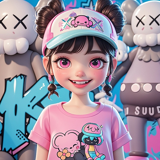 软3D风少女，萌趣双马尾配潮流棒球帽，背景融入卡通涂鸦与Kaws元素，梦幻粉蓝配色，充满可爱感与动漫风，呈现夏日限定的潮流视觉。