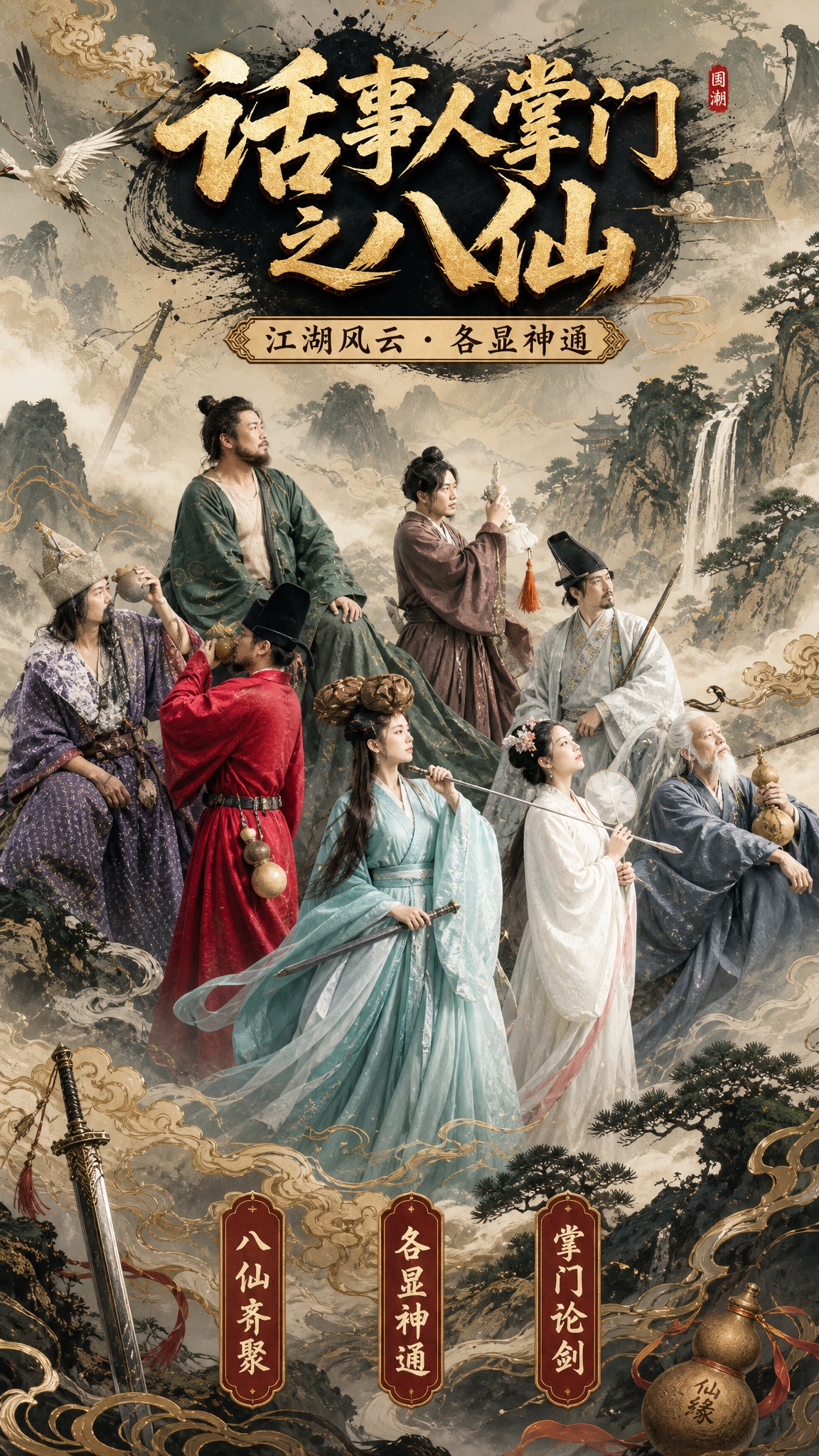 基于参考图中的八仙古装人物群像，制作一张国潮新中式风格的竖版海… - 图片创意预览