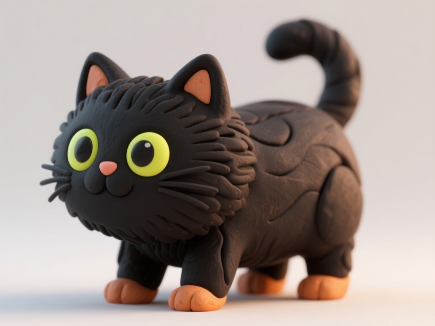 一只黑色的猫，3D粘土风格，身体圆润，四肢短小，眼睛圆润明亮，毛发呈现粘土质感，细节丰富，光影柔和，背景简洁预览效果