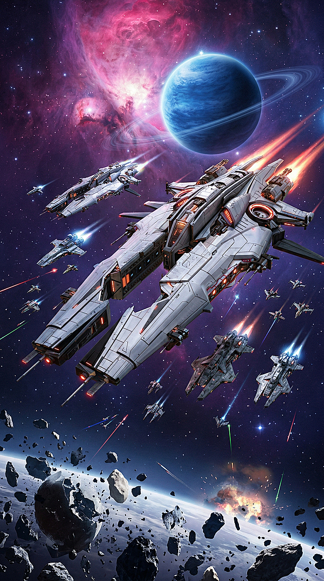 竖版科幻星战题材视觉海报，宏大紧张史诗感太空战争氛围，暗紫与钴蓝为基底，冷白色恒星散布，粉紫色超新星爆发抛射的高能等离子体星际尘埃云，呈现流动能量纹路。高角度俯视+动态俯冲视角，主视角从画面中上部向下俯视，核心巨型战舰占据视觉主导，战舰群4/3侧从右往左向前冲、穿梭星际。视觉核心层：画面中上部，体积庞大的银灰色巨型旗舰，布满机械纹理、装甲接缝与武器端口，尾部喷射橙红色高能尾焰，舰体侧面点缀红色警示灯效，周围环绕多艘中小型战舰，左上方两艘流线型轻型护卫舰伴飞，右侧一艘棱角分明突击舰朝向斜下方，战舰间隙有零星小型战机和陨石。背景氛围层：画面上半部分，近景有散布的陨石、崩裂的行星碎片，战舰尾焰划过的蓝色光束；中景上方有一颗带光晕的蓝色行星，表面有大气纹理，周围环绕淡光环；远景是暗紫色与深蓝色调，点缀无数细碎白色星点，大片粉紫色星云弥漫。信息叙事层在战舰群下方留白区域。4K，视网膜级细腻，焦点清晰，超精细，电影级质感