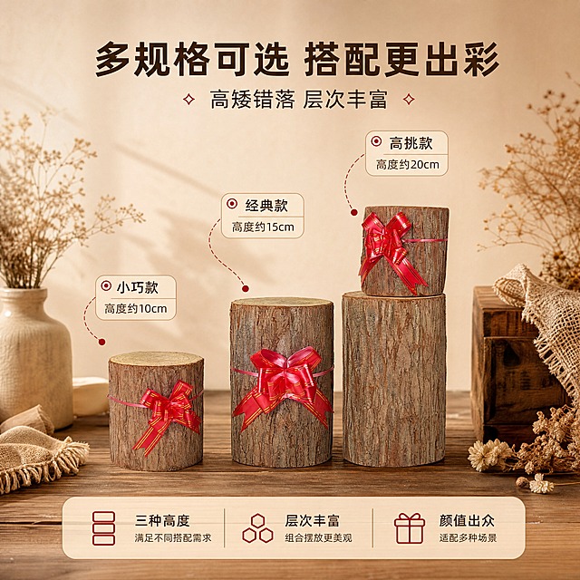 [商品] 使用【图4】杉墩木段配红绳花三款不同高度规格（高/中/矮）；保留每款木段的高度比例、树皮纹理、红绳蝴蝶结的颜色和位置；商品处理：保留原貌，三款并列展示，突出尺寸差异和层次搭配效果。
[画面] 目标为系列全家福展示，体现多规格可选与组合搭配效果；居中构图，三款木段按矮、中、高度依次排列成阶梯状，产品组合占画面65%；摆放在木质台面上，背景为暖米色墙面，搭配少量干花和麻布装饰；体现组合陈列的层次感。
[视觉] 套系策略：风格=温馨民宿风商业摄影；标题字=阿里巴巴普惠体粗体；正文字=阿里巴巴普惠体常规体；主色=暖木棕；背景延展=基于暖木棕做深浅层级、同色渐变和细腻木纹/麻布质感；强调色=中国红，仅用于小面积图标、引线和标签；标题色=深棕褐；正文色=暖灰棕；组件=圆角浅木色信息卡、细线引线、干花装饰元素；光影=左前侧暖柔光，柔和自然阴影。
[文字] 上方主标题"多规格可选 搭配更出彩"，副标题"高矮错落 层次丰富"，下方用引线分别标注三款"小巧款""经典款""高挑款"；文字区位于画面上下留白处，不遮挡三款木段主体。
[规格] 图片比例1:1正方形，4K分辨率，负向提示：避免变形、错字、文字过小、冷蓝/蓝灰背景、极限词违规词、淘宝平台违禁词、小标致图案、天然/环保/原生态字样、平台Logo水印。