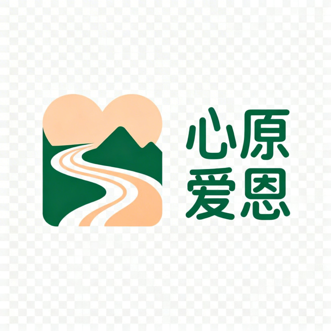 组合标Logo设计，品牌名“心原爱恩”，遵循极简、平衡、统一原则。左侧为抽象几何图形，融合爱心、黄河水流线条与贺兰山轮廓元素，体现宁夏地域特征，呼应“心灵源泉、爱与感恩”的品牌寓意，通过布尔运算简化为预览效果