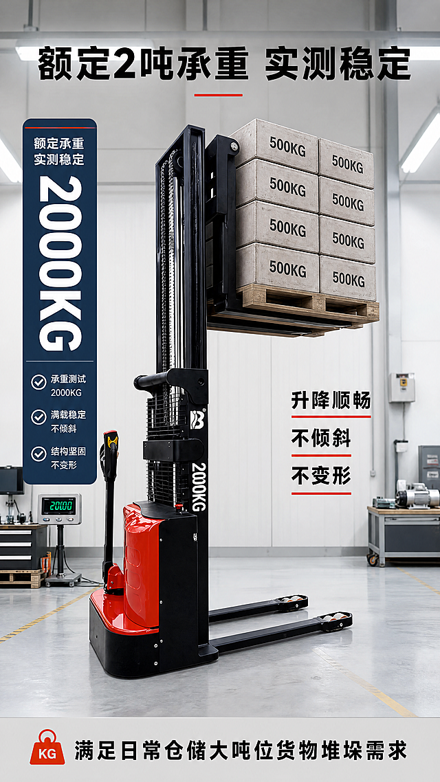 [第5屏] 承重性能实测，验证CDD20电动液压堆垛车2000KG稳定承载能力。
[氛围/风格] 真实测试场景，专业工业风，客观可信，展示实际承重效果。
[元素布局] 使用【图1】作为堆垛车主体，放置在画面中心，堆垛车货叉上放置标准重量测试货物，货物整齐码放，展示车辆承载状态。背景为工厂测试车间环境，地面为工业地坪，周边有简单测试工具，画面左侧放置承重参数标牌。保持堆垛车自身结构、颜色比例与原图一致，仅更换承载场景。
[光影质感] 车间顶部均匀主光源，车身和货物阴影自然，结构清晰，金属部件高光真实，整体明亮通透。
[配色色系] 全局底色：#E8E8E8（浅灰车间）；主体产品保持原红黑配色；标牌背景：#1E3A5F（深蓝）；文字：#FFFFFF（标牌白）+#1A1A1A（说明黑）；强调色：#E03000。
[视角构图] 正面微仰视视角，完整展示车辆和承载货物整体，景深适中，突出承重稳定状态。
[文字版式] 顶部主标题 "额定2吨承重 实测稳定" 黑色粗体居中；左侧竖形标牌标注大大的 "2000KG" 白色粗字；右侧说明文字加粗标注 "升降顺畅 不倾斜 不变形"，底部补充 "满足日常仓储大吨位货物堆垛需求"，文字排布清晰不遮挡承载主体。
[比例分辨率] 9:16竖版比例，4K分辨率，文字清晰可辨，超高清。
[负向提示词] 产品变形，货物倒塌，结构倾斜，颜色偏差，文字错乱，水印，模糊，夸大虚假标注。