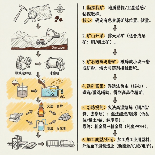 帮我生成图片：有色金属采集过程手绘示意图（文字版手绘逻辑，可直接照着画/理解，分6个核心步骤，线条极简+标注清晰）

整体版式：竖版分栏，左侧步骤图+右侧文字标注，背景浅淡，重点用彩色笔标关键环节预览效果