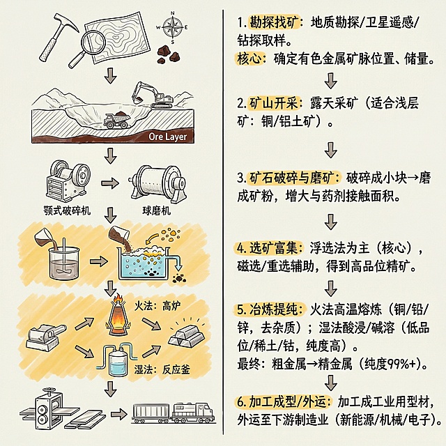 帮我生成图片：有色金属采集过程手绘示意图（文字版手绘逻辑，可直接照着画/理解，分6个核心步骤，线条极简+标注清晰）

整体版式：竖版分栏，左侧步骤图+右侧文字标注，背景浅淡，重点用彩色笔标关键环节

1. 第一步：勘探找矿
简笔画：地质锤+放大镜+地形图，旁边画一个小矿石图标，标注「地质勘探/卫星遥感/钻探取样」，核心：确定有色金属矿脉位置、储量

2. 第二步：矿山开采
分两种画法（二选一）：

◦ 露天开采：画一个大土坑，挖掘机+卡车，坑底画矿石层，标注「露天采矿（适合浅层矿：铜/铝土矿）」

◦ 地下开采：画地下隧道，矿工+矿车，隧道旁画矿脉，标注「地下采矿（适合深层矿：锡/钨/钼）」

3. 第三步：矿石破碎与磨矿
简笔画：颚式破碎机（画一个大口机器）→ 球磨机（圆形滚筒），箭头连接，标注「破碎成小块→磨成矿粉，增大与药剂接触面积」

4. 第四步：选矿富集
简笔画：搅拌槽+浮选机（方形槽带气泡），矿粉倒入后，画不同颜色颗粒（有色金属矿粒浮起、废石下沉），标注「浮选法为主（核心），磁选/重选辅助，得到高品位精矿」

5. 第五步：冶炼提纯
分两段箭头，简笔画对应：

◦ 火法冶炼：高炉（锥形大炉，冒小火苗），标注「高温熔炼（适合铜/铅/锌，去除杂质）」

◦ 湿法冶炼：反应釜（带管道的罐子），标注「酸浸/碱溶（适合低品位矿/稀土/钴，纯度更高）」
最终画一个金属锭图标，标注「粗金属→精金属（纯度99%+）」

6. 第六步：加工成型/外运
简笔画：轧机（滚筒机器）→ 成品（金属板/棒/线）+ 货运火车/轮船，标注「加工成工业用型材，外运至下游制造业（新能源/机械/电子）」

手绘小技巧

• 用黑色勾线笔描边，关键步骤（选矿/冶炼）用黄色/橙色涂色，矿石用深棕色，水流/药剂用浅蓝色；

• 步骤间用箭头串联，标注文字简洁，不用复杂术语，保证一眼看懂；

• 整体画面留空，不用画满，重点突出6个核心环节的逻辑关系。
。比例 1:1。