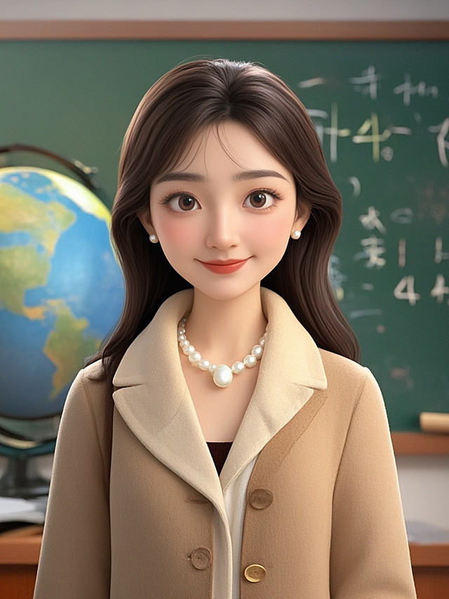 迪士尼风格，3D角色，一名20多岁的中国女教师，五官精致，背景有地球仪，黑板