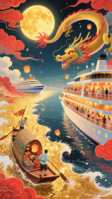 整体红金色调，热闹氛围。画面含金黄圆月，一只唐代小船（船身绘云纹，满载节日物资，唐代船工挥汗）和一艘现代豪华邮轮（甲板有中秋赏月人群、邮轮灯光璀璨），一道洒金的浪花阻隔在中间，背景是同一片金色的海，水预览效果