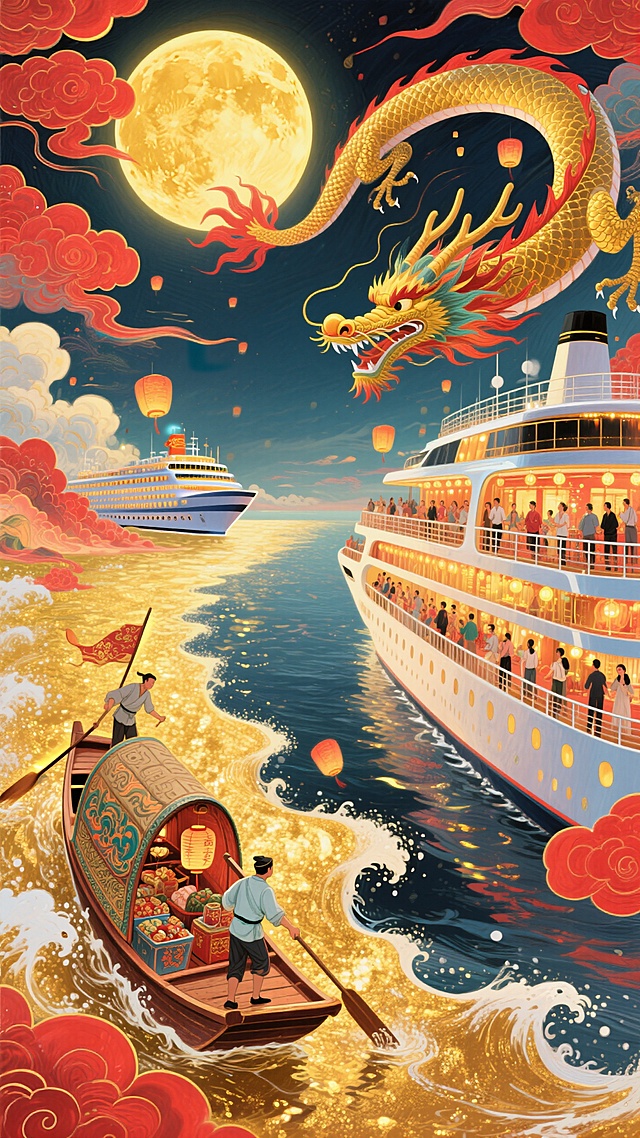 整体红金色调，热闹氛围。画面含金黄圆月，一只唐代小船（船身绘云纹，满载节日物资，唐代船工挥汗）和一艘现代豪华邮轮（甲板有中秋赏月人群、邮轮灯光璀璨），一道洒金的浪花阻隔在中间，背景是同一片金色的海，水面波光映照着月光与邮轮霓虹，祥龙飞过天际。整体画面充斥着华丽的金色和喜庆的红色，奇幻色彩和光影变化，具有丰富的层次感和立体感，体现繁荣昌盛喜庆氛围，梦幻的大透视