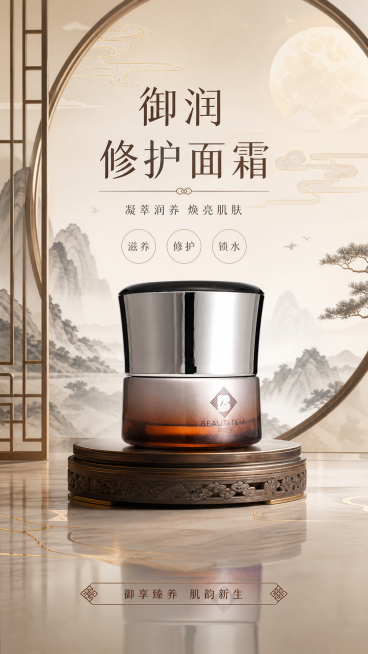 将这瓶面霜做成国潮风电商海报设计，融合中式元素与现代审美，贴合美妆产品调性，配色正确，排版舒服，尺寸1080*1920预览效果
