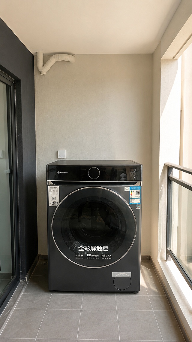 滚筒洗衣机严格参照上传产品图，完整保留所有可见组件、部件、轮廓形状、结构比例、材质质感、颜色与产品本体上的文字信息，与上传图完全一致。
住宅阳台空间，浅灰瓷砖自然暖色调。
自然自然光从右侧窗户斜入，产品受光面泛起浅灰暖调、暗部映射墙面米色光晕，与环境物理融合。
产品居中放置，完整自然融入阳台空间，微侧10°视角。
全量换款清单：①承载地面：参考图灰色大瓷砖 → 生成图同色系灰色哑光小瓷砖（同瓷砖材质，保留原布局）；②墙面：参考图浅米色墙面保留，微调纹理；③护栏：参考图黑框玻璃护栏保留，换同款式极简造型；④顶部管道：保留原位置布局，换自然贴合造型。
消除产品本体外额外营销文字信息。4K分辨率，严格锁定宽高比为9:16。
