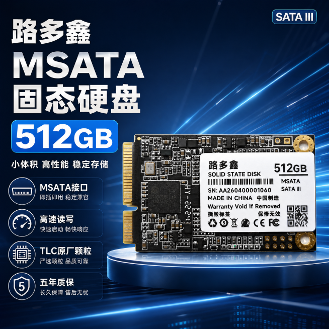拼多多电商主图，1:1尺寸，图中是路多鑫MSATA固态硬盘512GB版本，卖点是MSATA接口，高速读写，TLC原厂颗粒，五年质保，科技简约背景，突出产品和核心卖点，适合电商推广预览效果