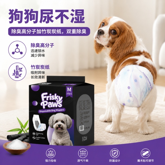 狗狗尿不湿商品主图，商品名称为狗狗尿不湿，卖点是除臭高分子加竹炭炭纸，双重除臭，适配亚马逊跨境平台，整体风格简洁专业，适合跨境电商展示预览效果