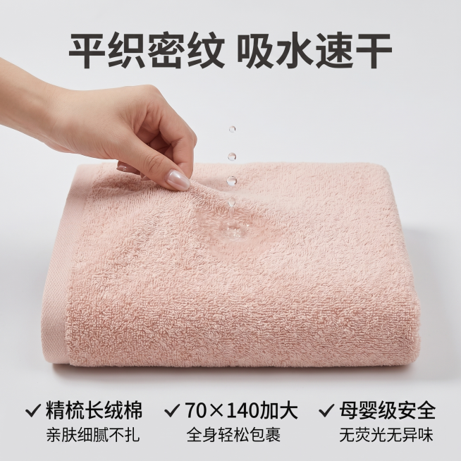 [主图 2] 祖夫有品平织精梳棉浴巾亲肤吸水体验展示
[氛围风格] 简约商超质感风 + 居家素雅轻奢风，温馨居家生活感
[画质] 商业摄影质感、光线柔和通透、产品清晰真实、画面干净高级
[元素] 中心预览效果