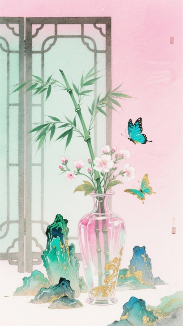 新中式，主体为透明琉璃质感的中式静物组合，包含插着翠竹的淡粉描金花瓶、琉璃假山石群、粉白花朵，搭配飞舞的蓝绿色蝴蝶。在中式屏风前。营造清新氛围，搭配金色点缀。画面呈现粉绿色调，干净的粉色渐变背景预览效果