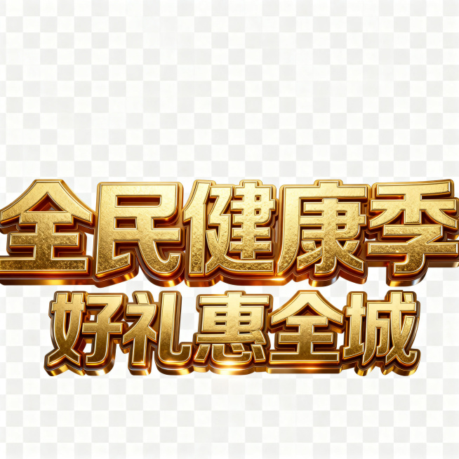 孤立文字元素，背景完全透明，两行华丽的3D金属质感金色中文字，上排是粗体大字"全民健康季"，奢华抛光金色，带有细微浮雕效果，下排是稍小一些的"好礼惠全城"，同样金色质感，边缘有细腻的反光，文字具有真实预览效果