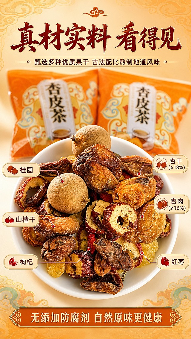 [商品] 使用【图1】杏皮茶原料实物图（白色小碗中盛放的杏干、山楂干、枸杞、红枣、桂圆、陈皮等果干原料，上方两袋杏皮茶小包装）；保留碗中所有原料的真实形态、颜色、纹理、大小比例，保留上方小包装袋的橙色包装和"杏皮茶"文字，不改变原料种类和外观；商品处理：增强果干色泽饱和度和质感，去除画面杂点，让原料颗粒更清晰饱满。
[画面] 页面目标：成分原料专张，大尺度展示杏皮茶真材实料，强化品质信任。构图骨架：上标题+中部原料满版+底部卖点条。主体位置：画面中下部，原料碗占画面约55%。景别：微距特写。阅读动线：从上至下。前中后景：前景为碗中最上层的桂圆、杏干特写（清晰锐利），中景为碗中各类果干层次堆叠，后景为上方两袋小包装做虚化衬托，背景为浅米白加暖橙色边缘晕染。原料主视觉合计占画面≥60%。
[视觉] 套系策略：风格=国潮敦煌风商业美食摄影；标题字=国风书法粗体（厚重有力）；正文字=简洁现代无衬线体；主色=暖橙+金黄；背景延展=基于暖橙金黄做深浅渐变、同色系层次和细腻敦煌祥云暗纹质感；强调色=朱砂红，仅用于小面积图标、引线和标签点缀；标题色=深棕红；正文色=暖深棕；组件=圆角暖底信息卡、细线引线、敦煌风装饰边框；光影=左前侧暖柔光，右侧补光，产品底部有柔和投影。
[文字] 顶部居中主标题「真材实料 看得见」（7字），副标题「甄选多种优质果干 古法配比熬制地道风味」。画面中下部围绕原料碗用引线标注6种核心原料：杏干(≥18%)、杏肉(≥16%)、山楂干、枸杞、红枣、桂圆，每种配小图标和名称。底部一条暖橙色横条写「无添加防腐剂 自然原味更健康」。所有文字横向排版，不遮挡碗中主要原料。
[规格] 图片比例9:16竖版，分辨率4K，quality=medium。负向提示：避免变形、错字、文字过小、冷蓝/蓝灰背景、原料颜色失真、虚假功效承诺、医疗化表述、二维码、极限词。