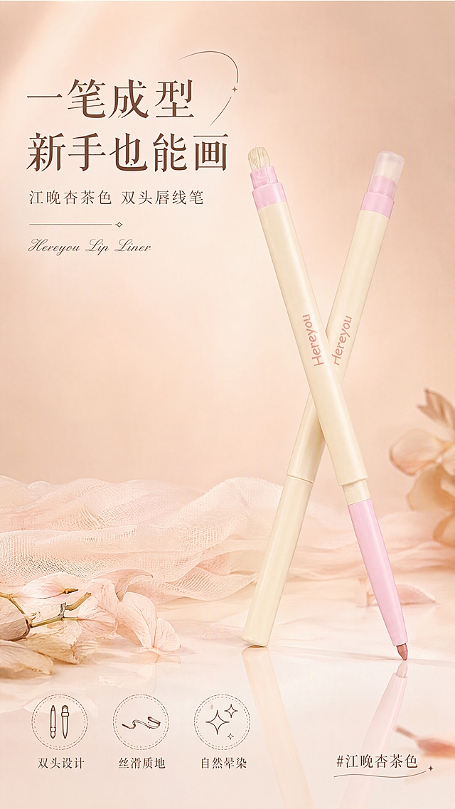 [第1张] 详情页头图主视觉 - Hereyou双头唇线笔（江晚杏茶色）新品宣传海报。本张使用【图2】作为商品主体。
[氛围/风格] 高级摄影棚质感，精致美妆大片风，柔和高级的影棚布光，奶杏粉调高级氛围，商业摄影级质感。
[元素布局] 唇线笔两支交叉摆放于画面中央偏右，占比约55%-60%；左侧留大面积标题区；背景为渐变奶杏色影棚背景，底部有细腻的反光台面；台面点缀少量干花花瓣和柔纱织物装饰；产品保持奶白色笔身+粉色笔帽+Hereyou红色logo的外观结构与输入图完全一致，双头设计清晰可见（一端唇线笔一端晕染刷）。
[光影质感] 左上方柔光主灯照明，右侧辅光补光，底部柔和反光，产品边缘有精致高光，整体通透高级，阴影柔和自然。
[配色色系] 全局底色 #F5E6D3（奶杏色渐变）；主色奶白+柔粉；辅助色深棕标题字、金色点缀。
[视角构图] 正面微俯视45°角，产品为视觉中心，阅读动线左上标题 → 中部产品 → 底部信息条。
[文字版式] 版式为左上标题区 + 右侧产品 + 底部信息条。主标题「一笔成型 新手也能画」，副标题「江晚杏茶色 双头唇线笔」，两行优雅衬线字体左对齐；标题下方小字英文装饰「Hereyou Lip Liner」；底部左侧三个胶囊卖点图标「双头设计」「丝滑质地」「自然晕染」；右下角标注色号「#江晚杏茶色」；文字不遮挡产品主体。
[比例分辨率] 9:16 竖版比例，4K分辨率，文字清晰可辨，高清画质。
[负向提示词] 产品变形，缺件错件，颜色偏差，水印，文字错乱，产品图模糊，背景杂乱，logo错误，笔身结构错误。