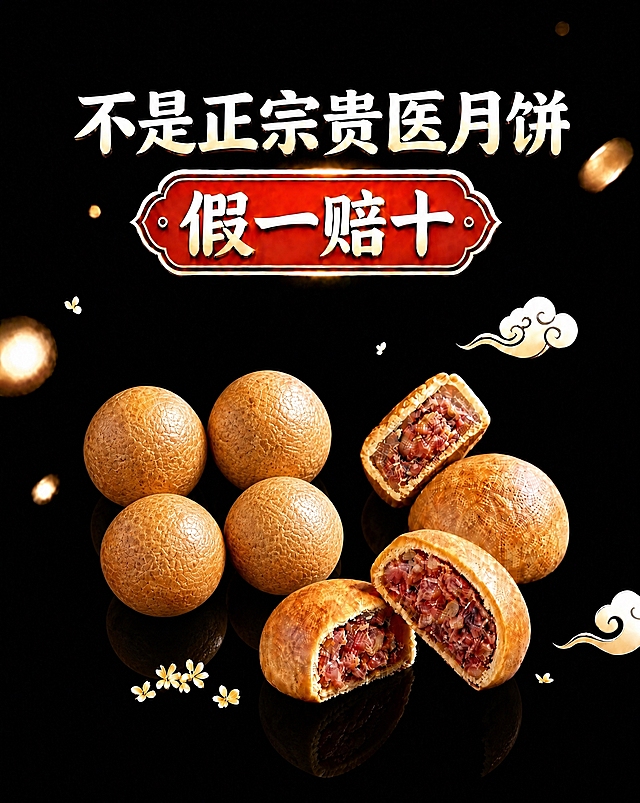 删除图片中的透明塑料月饼盒，将盒内的4个月饼直接摆放在黑色反光台面上，保持月饼的位置、大小、排列方式和光影效果与原图一致，粉红色职工食堂火腿月饼标签也一并删除，其余画面元素（切开的月饼、完整月饼、金色祥云、桂花、黑色背景、顶部"不是正宗贵医月饼"文字、"假一赔十"标牌等）全部保留不变，整体风格统一，商业产品摄影质感，高清细节