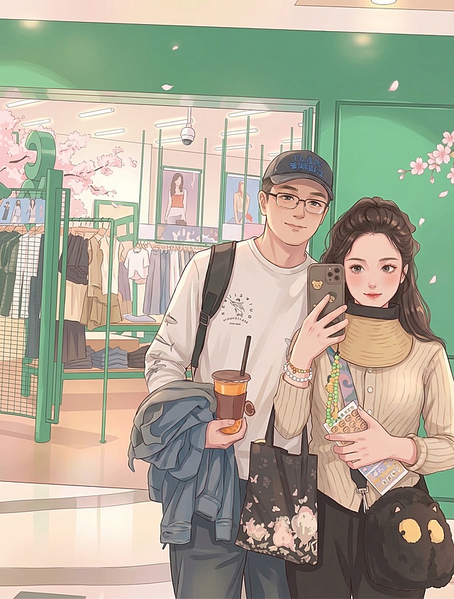 在原图基础上调整，保持可爱二次元风格和春季清新配色，优化人物形象，让人物造型更逼真写实一些，不要太抽象，保留原本人物互动和构图