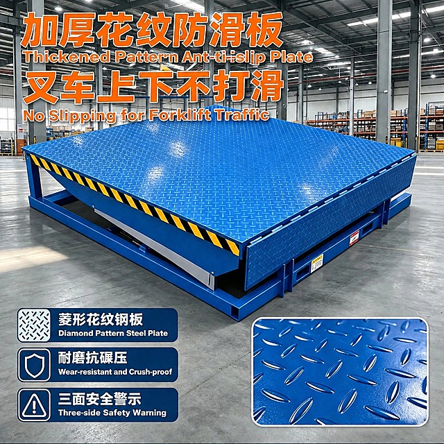 基于这张登车桥防滑板产品海报图，将图中所有中文文字翻译为英文，制作中英双语版本，保持原排版布局。具体翻译如下：
主标题两行：
加厚花纹防滑板 → Thickened Pattern Anti-slip Plate
叉车上下不打滑 → No Slipping for Forklift Traffic
左侧三个功能标签：
菱形花纹钢板 → Diamond Pattern Steel Plate
耐磨抗碾压 → Wear-resistant and Crush-proof
三面安全警示 → Three-side Safety Warning

要求：
1. 所有文字区域均为中英双语显示，中文在上英文在下，保持原字体风格、字号层级、颜色和位置
2. 主体保护开启，登车桥产品主体和右下角放大图完整保留，不被遮挡
3. 背景修复干净自然，文字与背景融合自然
4. 保持原图片整体构图、色调和风格不变
5. 翻译准确，无语义错误，无乱码、文字重叠或排版错位