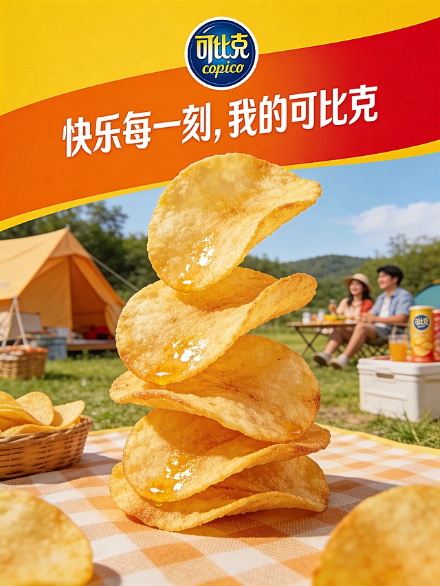 可比克薯片招贴广告设计，广告主题文字"快乐每一刻，我的可比克"，主题突出，创意新颖，色彩醒目，金黄酥脆的可比克薯片堆叠在露营野餐场景中，暖色调搭配轻松惬意的氛围，整体设计吸引眼球，符合休闲零食品牌定位，尺寸为450mm×600mm，色彩模式CMYK