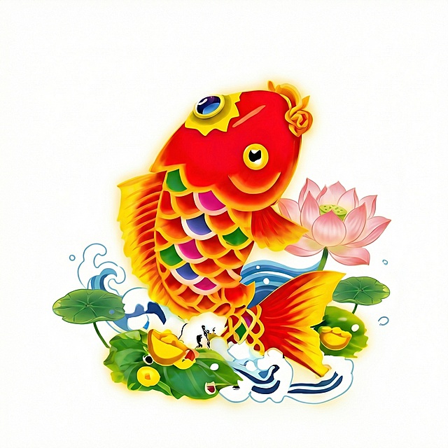 鲤鱼保持不变，荷叶元素可以少一点，有一朵大一点的荷花，海浪可以简约并小一点，元宝保持不变