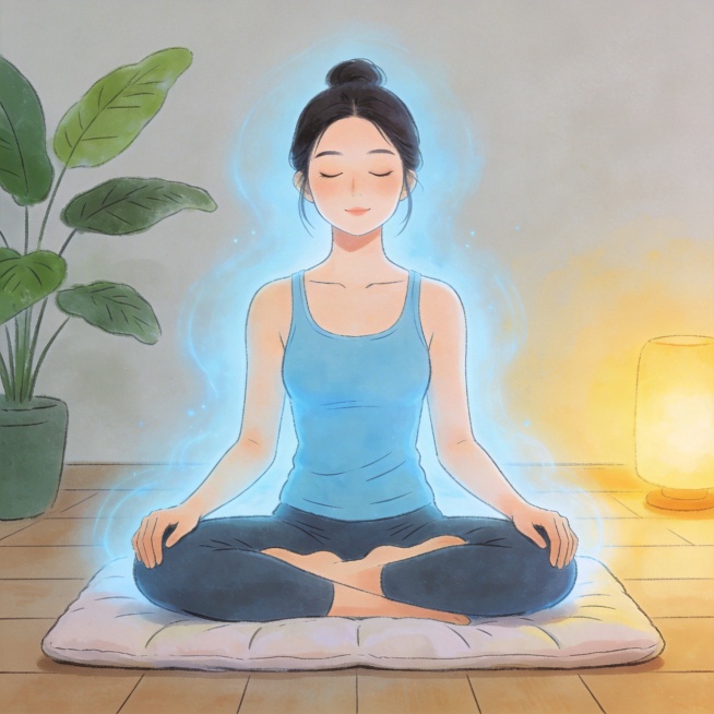 缓解压力主题手绘插画，展示人们通过冥想放松的场景，传递长期压力大不利于健康的观念，手绘插画风格，宁静治愈，画面无任何文字预览效果