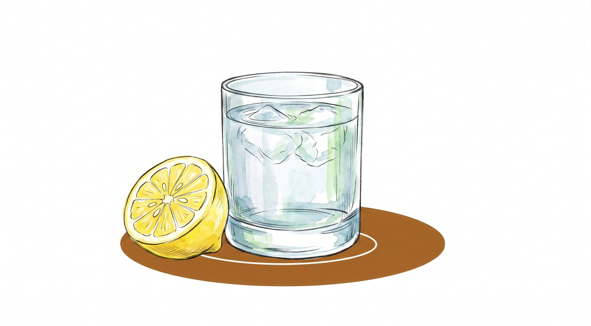 保持原图的手绘风格，更换一个类似的直身玻璃杯，同时将青柠更换为一半柠檬，保留原有的棕色杯垫和白色背景，保持整体构图不变预览效果