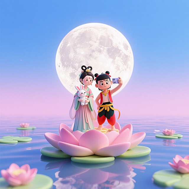巨大的月亮悬挂在波光粼粼的荷花池中央，前景是嫦娥（手抱玉兔，仙女服装）和魔童哪吒，拿着手机在莲花上自拍（一起看镜头）。中心对称式构图，粉蓝色的天空背景，辉光效果