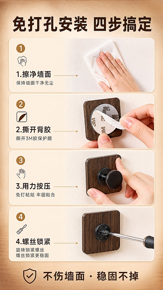 [商品] 使用【图2】胡桃木纹挂钩可拆卸结构与螺丝锁紧细节；保留方形胡桃木纹底座、黑色圆形挂钩头、内部螺丝结构、底座木纹质感与整体比例；商品处理：保持产品真实结构与拆卸方向，增强螺丝与金属部件质感，清晰展示锁紧原理。
[画面] 第3张 安装步骤页，四格竖排步骤图。第1格：一只手用湿巾擦拭白色墙面（干净无尘）；第2格：撕开挂钩背面的3M胶保护膜；第3格：用力按压粘贴在墙上（手部特写，强调“免钉”）；第4格：特写用螺丝刀旋转锁紧挂钩头（对应“螺丝锁紧更稳固”）。四格从上到下纵向排列，每格配编号与短说明，阅读动线清晰。
[视觉] 套系策略：风格=新中式简约风+现代家居实用美学+干净通透Ins极简主义摄影；标题字=粗黑体+中式稳重气质；正文字=清晰无衬线黑体；主色=温暖胡桃木棕；背景延展=基于胡桃木棕做深浅层级、同色渐变与细腻墙面/木纹质感；强调色=暖米金，仅用于小面积图标、引线和标签；标题色=深胡桃棕；正文色=中暖灰；组件=圆角浅底信息卡、细线引线、步骤编号胶囊、中式简约图标；光影=左前侧暖柔光，立体自然阴影。
[文字] 顶部主标题“免打孔安装 四步搞定”，四格分别标注“1.擦净墙面”“2.撕开背胶”“3.用力按压”“4.螺丝锁紧”，底部补充“不伤墙面 · 稳固不掉”，文字全部横排，字号保证手机端可读。
[规格] 图片比例9:16竖版，4K，medium，避免变形、错字、文字过小、冷蓝/蓝灰背景、产品结构失真、绝对化用语。