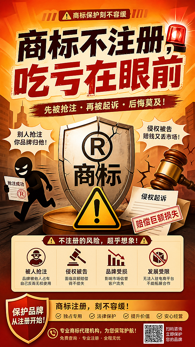 竖版手机海报，主题为商标侵权风险，暖色调警示风格，醒目标题文字"商标不注册，吃亏在眼前"，配有风险警示图形，整体醒目吸引，适合商标代理机构提醒客户，设计生动形象。
