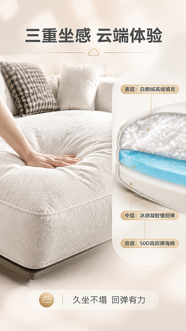 [商品] 使用【图1】迪兰弧形组合沙发坐垫部位特写；保留米白色布艺面料、坐垫饱满形态；做坐垫分层剖面示意（不破坏沙发外观完整性，用虚线+标注展示内部结构）；增强面料纹理与蓬松感。
[画面] 目标：坐感材质页，展示三层填充结构与云端坐感。构图：左特写右说明，左侧约60%为沙发坐垫按压特写（手部轻按展示回弹），右侧40%为分层结构示意图；背景为浅米色渐变+柔和光斑；用虚线引线标注三层填充。
[视觉] 套系策略：风格=现代轻奢高级商业家居摄影；标题字=现代无衬线粗体；正文字=简洁无衬线体；主色=米白+浅灰；背景延展=基于米白浅灰做深浅层级、同色渐变和细腻墙面/织物质感；强调色=香槟金，仅用于小面积图标、引线和标签；标题色=深炭灰；正文色=中暖灰；组件=圆角浅底信息卡、细线引线、胶囊标签；光影=顶部暖白柔光，突出坐垫蓬松质感，整体亮色调。
[文字] 顶部主标题"三重坐感 云端体验"（8字）；右侧三层结构标注："表层：白鹅绒高绒填充""中层：冰感凝胶慢回弹""底层：50D高回弹海绵"；底部小字"久坐不塌 回弹有力"；文字横向排版。
[规格] 图片比例9:16竖版，4K，负向提示：避免变形、错字、文字过小、暗色调、冷蓝背景、沙发外观破损、竖排文字、极限词。