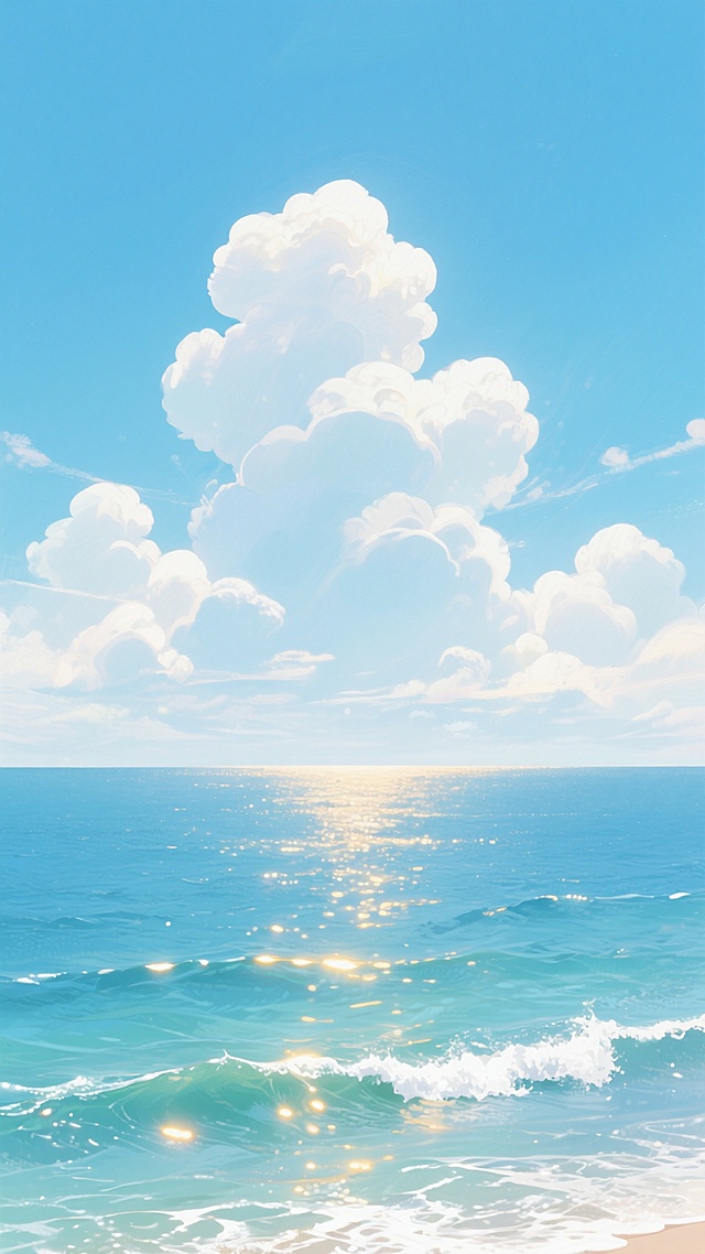 动漫风格插画，广阔无垠的蓝色海洋占据画面下方三分之二，海面波光粼粼，泛着细碎的白色浪花和银色反光，呈现出深浅不一的蓝绿色渐变，海天交界处是明亮的水平线，上方是纯净的浅蓝色天空，漂浮着几朵形态饱满、边缘柔和的白色积云，整体画面宁静、开阔、明亮，充满治愈感，阳光从云层间隙洒落，在海面形成长长的金色光带，营造出温暖而祥和的氛围。