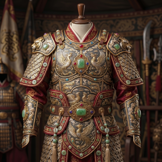中国古代三国时期的写实风格传说品质将军上衣盔甲，将原来的龙纹虎纹全部替换为凤凰纹，保持原来的错金银工艺、玉饰宝石镶嵌和整体华丽度品质不变，只更换主题花纹为凤凰预览效果