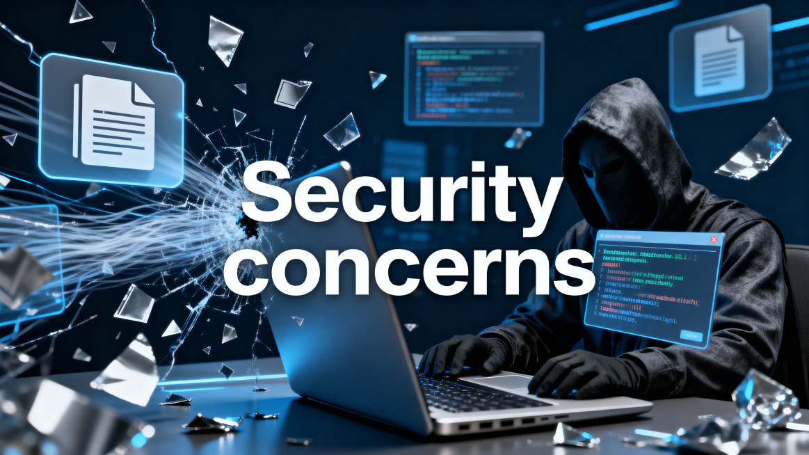 无纸办公挑战主题图，只保留醒目的英文文字"Security concerns"，不出现任何汉字，内容体现电子文件存在泄露、丢失或者被黑客攻击的风险，科技感网络安全场景，冷色调警示风格预览效果